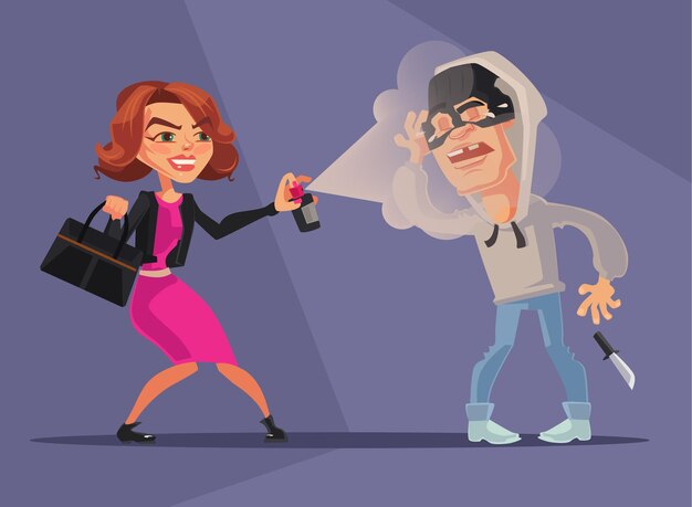 Woman character protected herself from robbers flat cartoon illustration