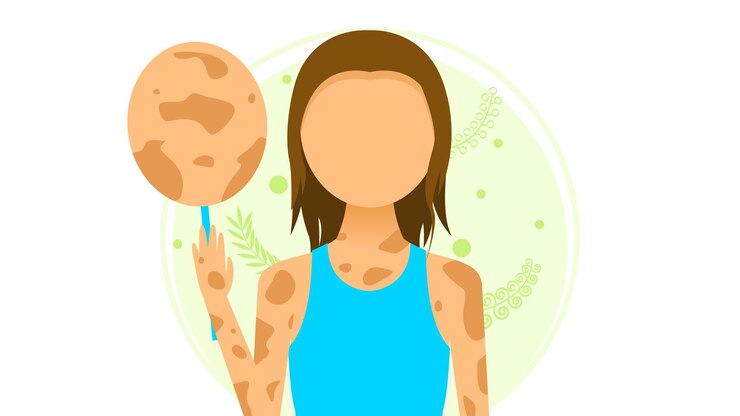 Vector woman character removes the mask with spots vitiligo depigmentation disease vector design style