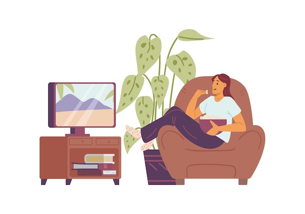 Vector woman character resting behind tv at home flat vector illustration isolated