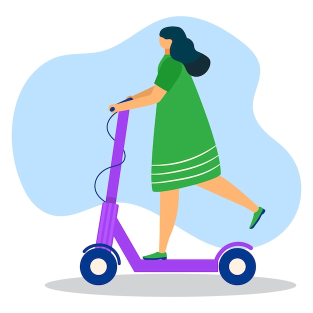 女子キャラクター電動スクーター都市交通機関都市散歩フラットベクトル