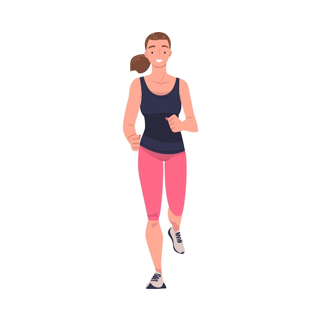 Woman character running in sportswear and trainers engaged in sport training and workout vector