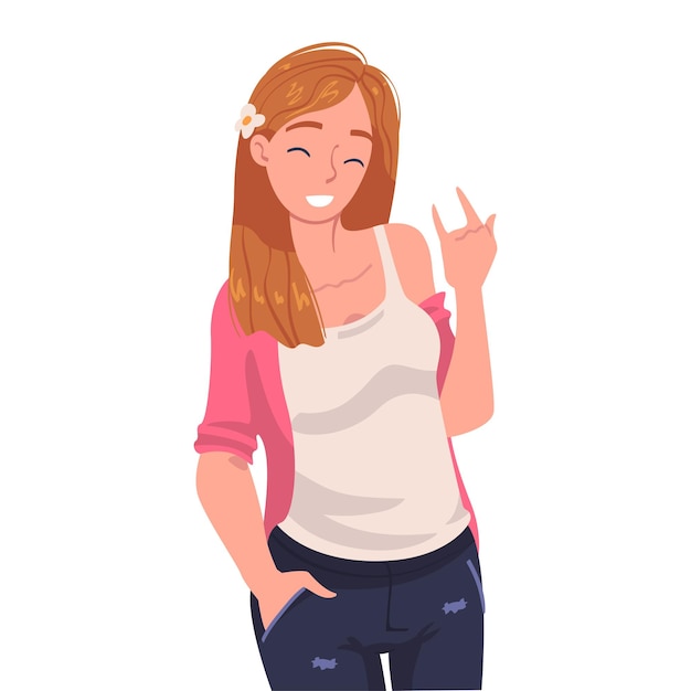手のジェスチャーベクトルイラストとして角の肯定的なサインを示す女性キャラクター