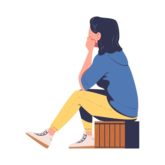 Woman character sitting on wooden seat watching movie in open air cinema vector illustration