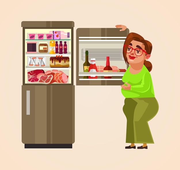 Woman character standing near refrigerator