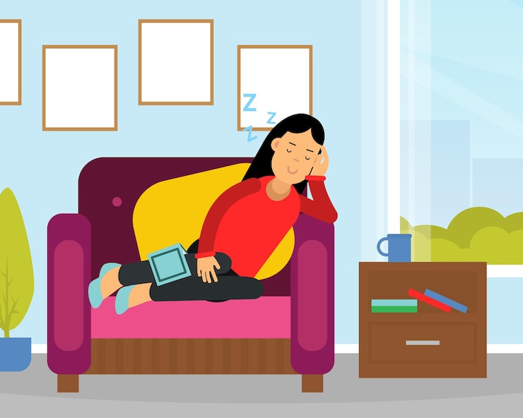 Vector woman character taking nap sitting in armchair leaning against her hand vector illustration