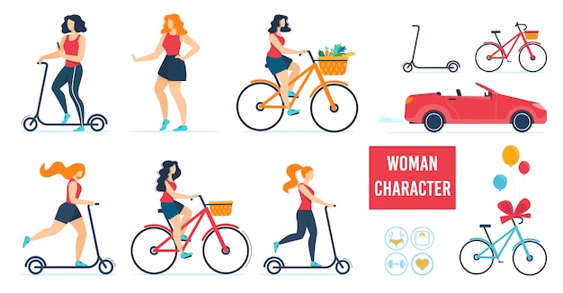 Vector woman character using different transport set