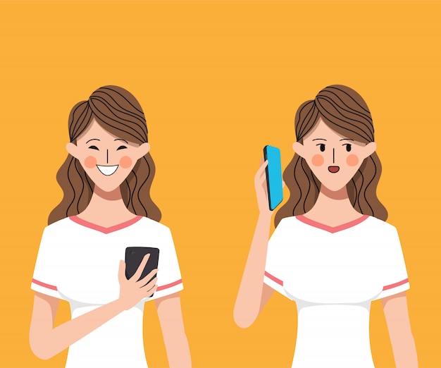 Vector woman character using smartphone to communication.