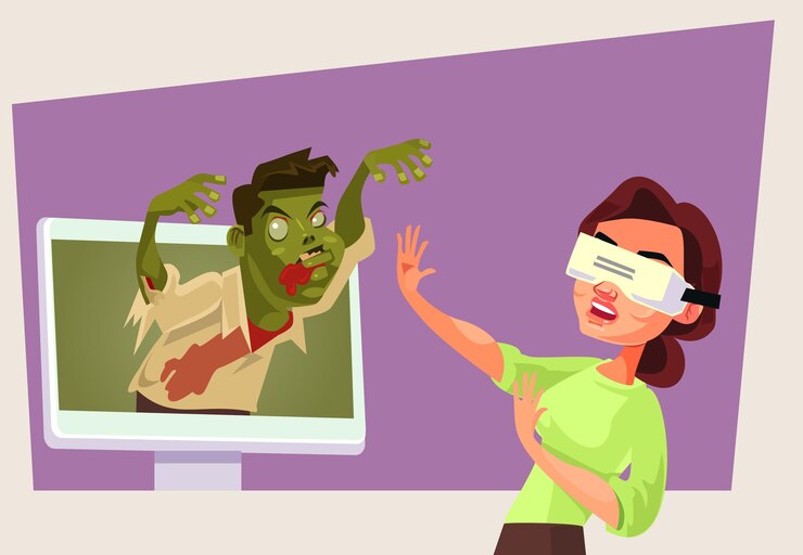 Vector woman character in virtual reality glasses play zombies game