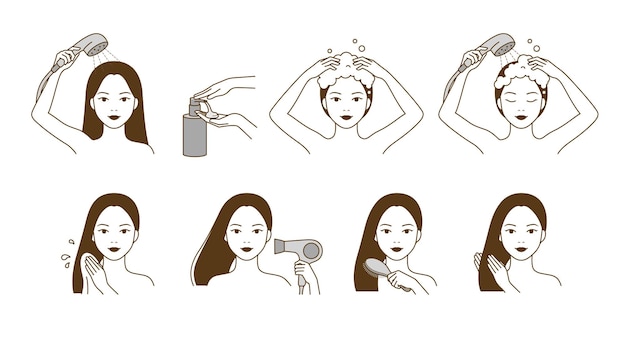 女性のキャラクターがシャンプーでを洗い,タオルとヘアドライアでを乾燥し,を<unk>んでいます.