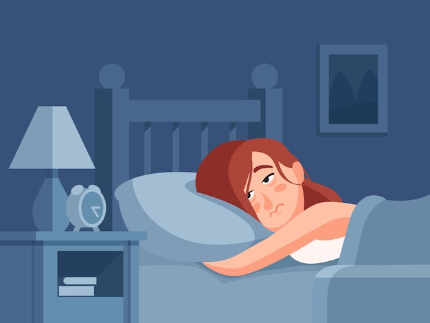 woman character with insomnia or nightmare lying in bed at night bedroom background.
