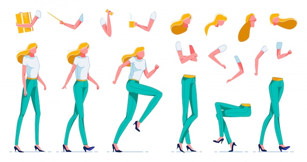 Vector woman character worker constructor, positions.