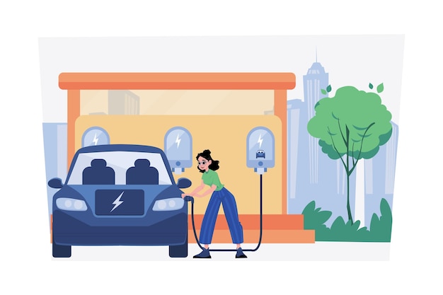woman charges electric car at the power center