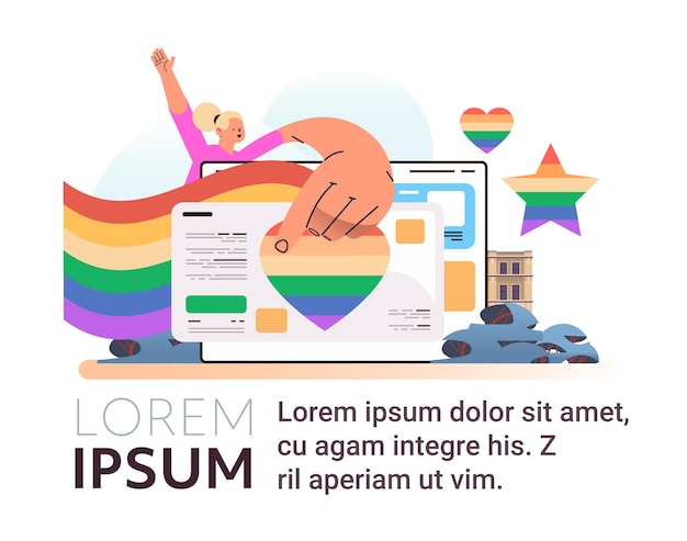 woman chatting in social media network lgbt rainbow flag gay lesbian love parade pride festival transgender love concept copy space horizontal vector illustration