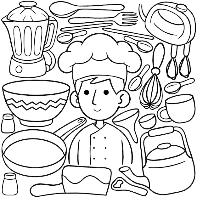 Женщина-шеф-повар Kawaii Doodle Vector Illustration
