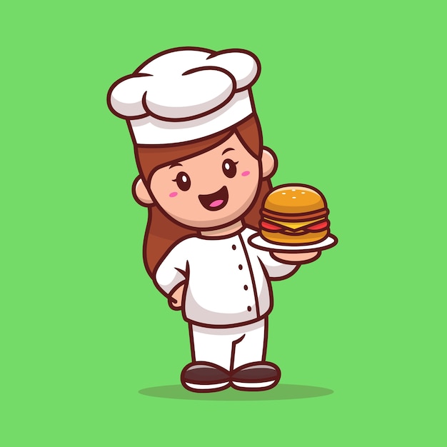 Woman Chef With Burger Cartoon