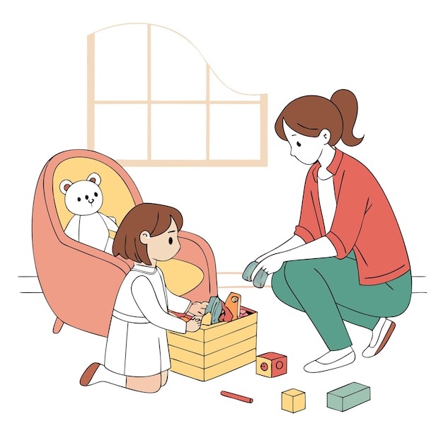 a woman and a child are playing with toys and a drawing of a girl