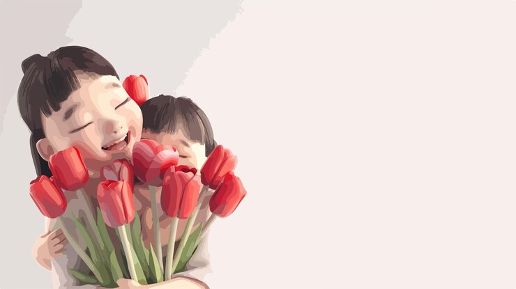 Vector 한 여자 와 한 아이 가 미소 짓고 꽃 을 들고 있다