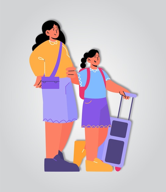 Vector a woman and a child are standing next to a suitcase