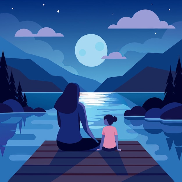 Vector a woman and a child sit on a wooden raft in a lake with a moon and stars in the sky