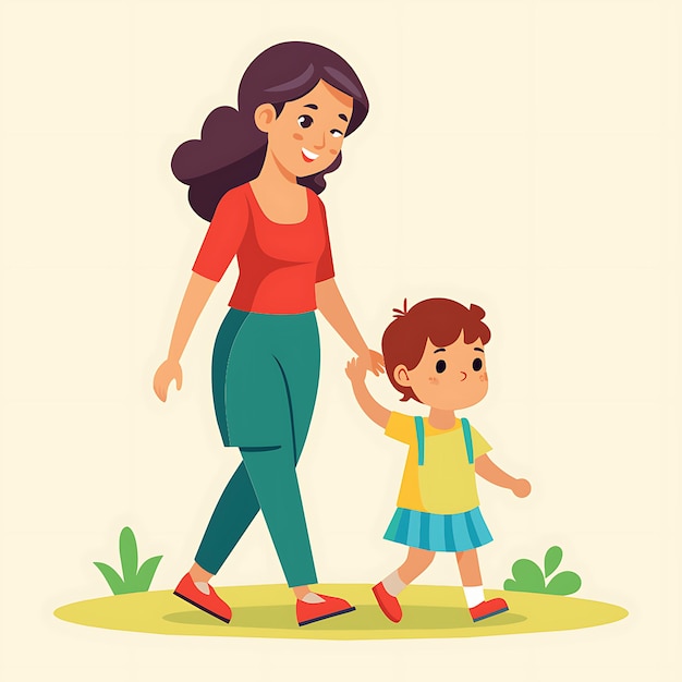 a woman and a child walking in the grass with a cartoon image of a woman holding a child