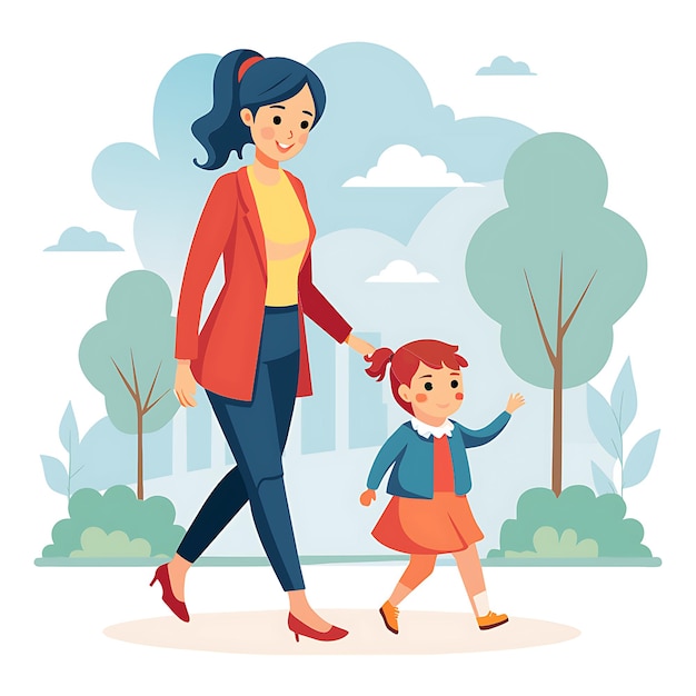 a woman and a child walking in a park