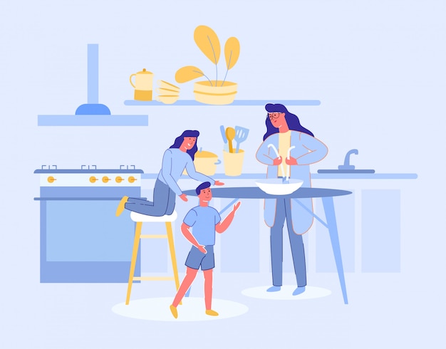 Vector woman and children characters cook in kitchen.