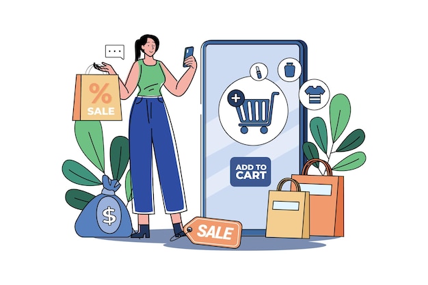 Vector woman chooses to add items to cart