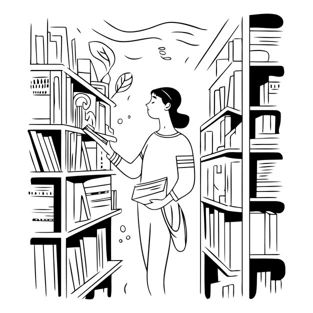 Vettore donna che sceglie libri in biblioteca in stile line art