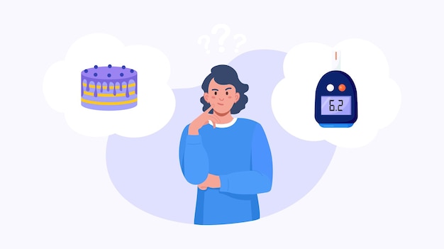 Vector woman choosing between cake and normal level of glucose in blood. girl thinking about sweets and about glucometer. choice between diabetes disease and health