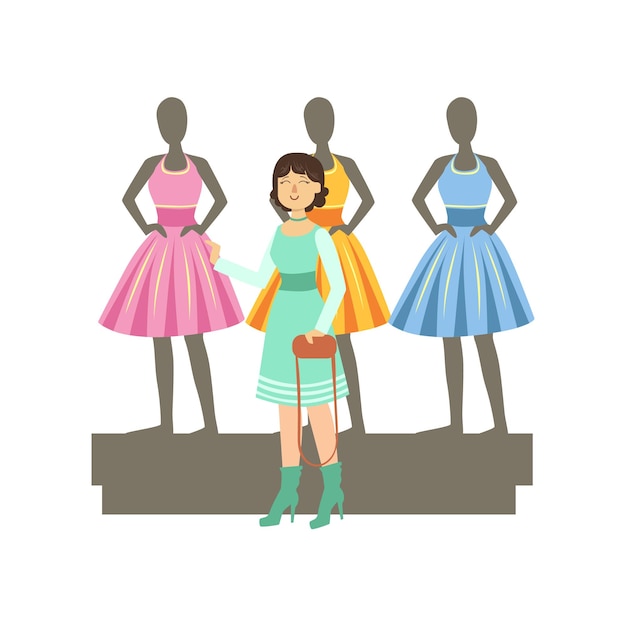 Vector woman choosing dresses on mannequinns in shopping mall