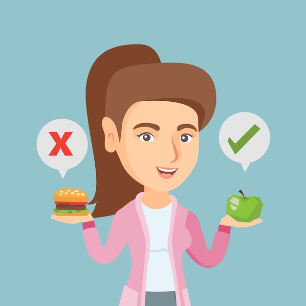 Vector woman choosing between hamburger and cupcake.