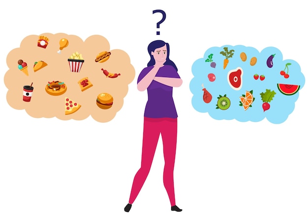 Woman choosing between healthy and unhealthy food Character thinking over organic or junk snacks choice Flat style cartoon illustration vector