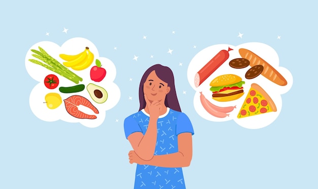 健康的な食べ物と不健康な食べ物のどちらかを選ぶ女性。ファーストフードとバランスの取れたメニューの比較