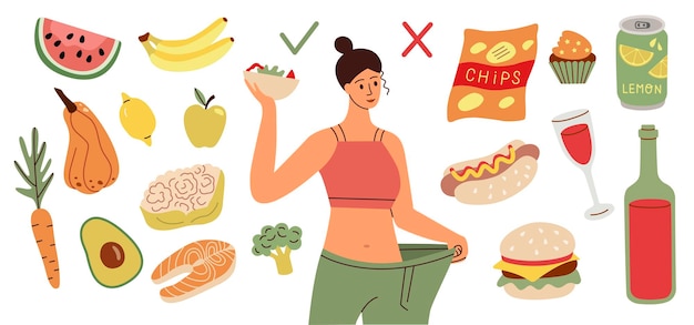 Vector woman choosing between healthy and unhealthy food female character dieting and healthy eating vector illustration