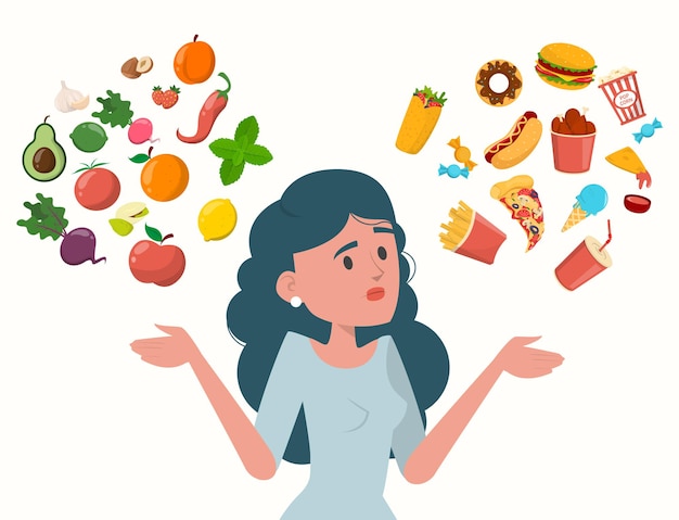 Vector woman choosing between healthy and unhealthy food