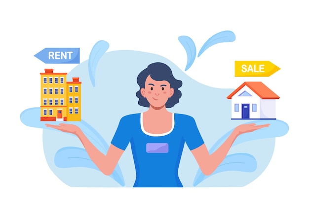 woman choosing between rent and sell property. rent apartment, buying house. mortgage loan, real estate investment. choice between selling and tenancy home. home purchase dealing