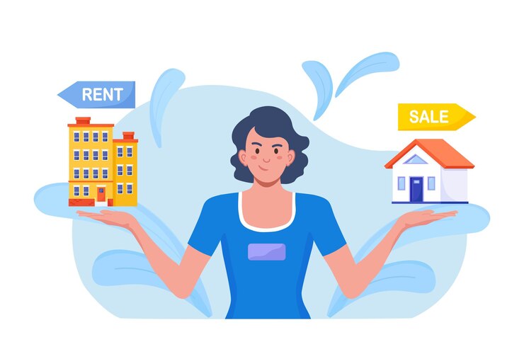 Вектор женщина выбирает между арендой и продажей собственности. сдам квартиру, куплю дом. ипотечный кредит, инвестиции в недвижимость. выбор между продажей и сдачей дома в аренду. покупка дома