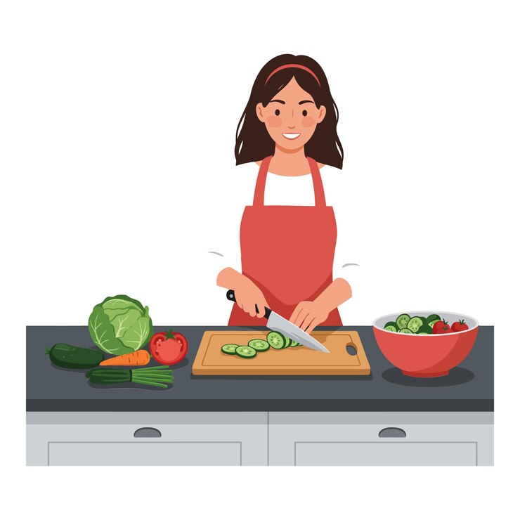 Woman chopping vegetables in a kitchen with flat design style vector art
