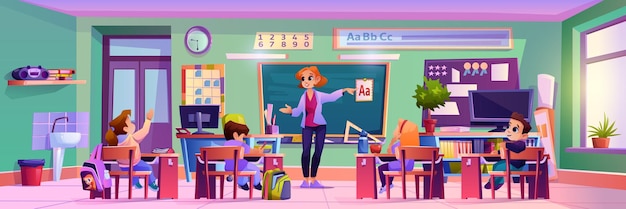 Vector woman classroom teacher teaching children by desks