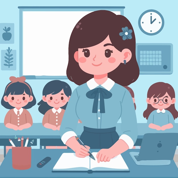 a woman in a classroom with three small children in front of her
