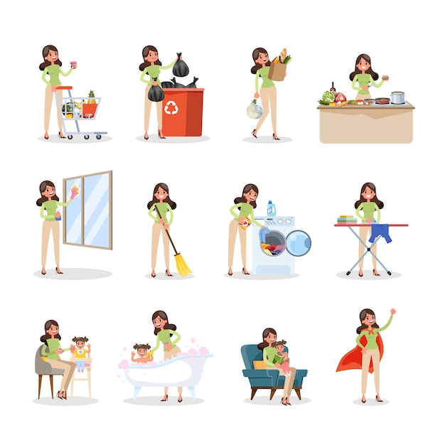 Vector woman clean home and doing a housework