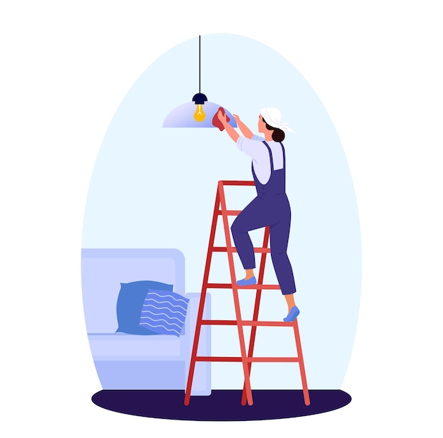 Woman cleaning ceiling lamp on a ladder Dusting Housemaid  Cleaning service Cleaner app Icon