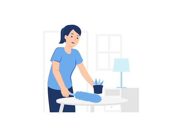 벡터 깃털 살포기 개념 그림을 사용하여 책상과 집 인테리어 가구를 청소하는 여자