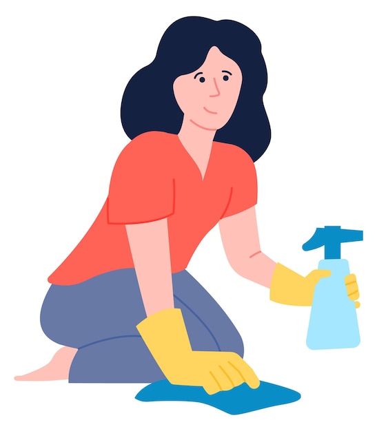 Woman cleaning dirt spot from floor with detergent spray isolated on white background