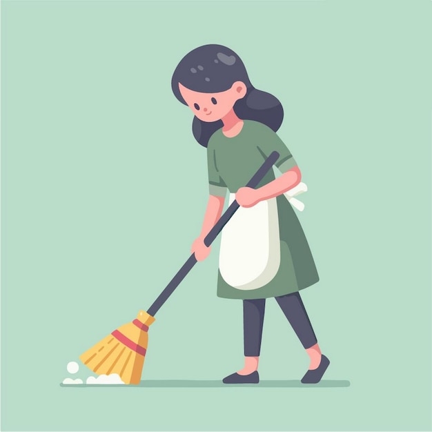 Vector a woman cleaning the floor with a broom and a broom