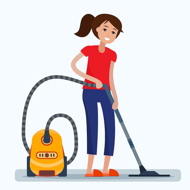 Vector woman cleaning room with vacuum cleaner