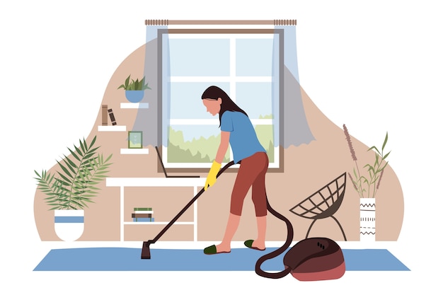 Vector woman cleaning and vacuuming the room in a flat style.