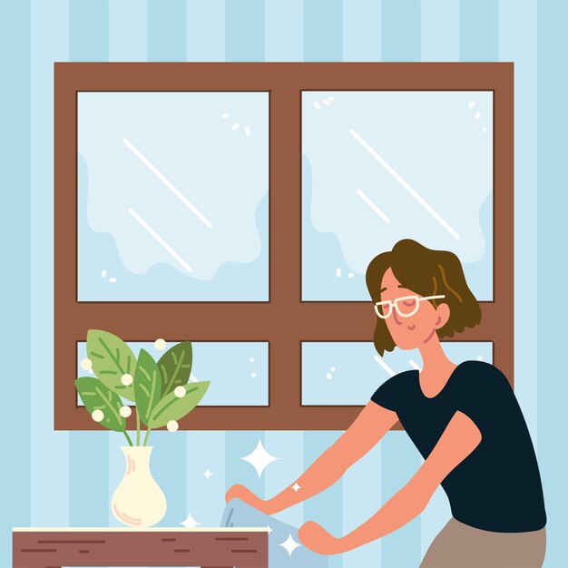 Vector woman cleaning with cloth