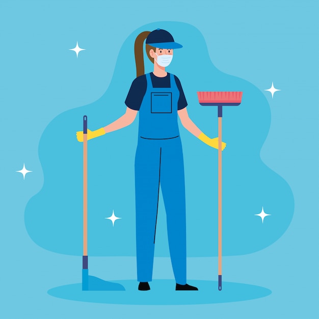 Vector woman cleaning worker wearing medical mask with equipments, woman janitor wearing medical mask with broom and housekeeping picker vector illustration design