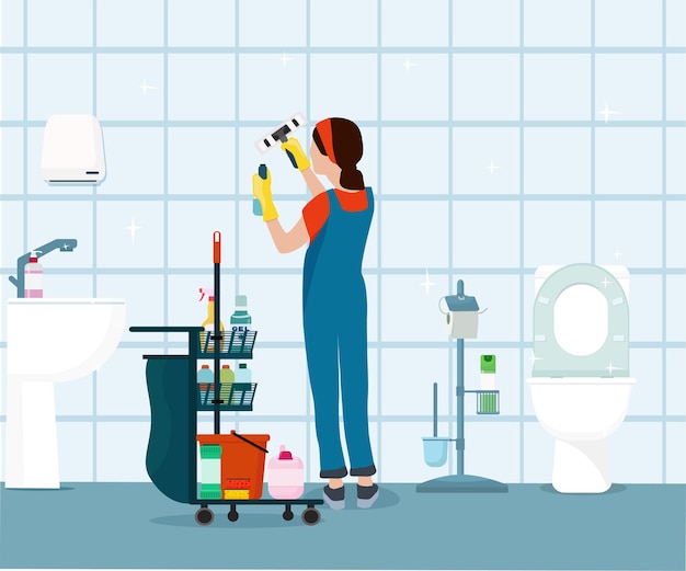 Una donna pulisce il bagno e la toilette. servizi di manutenzione e pulizia professionale.